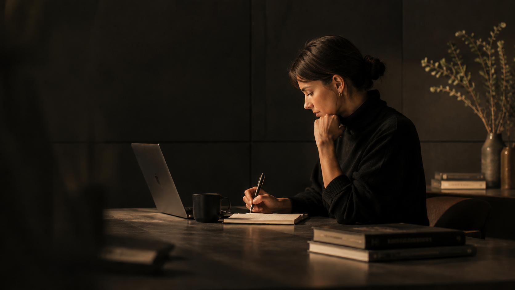 Executive professional studying with laptop and notebook in a warm, low-lit environment