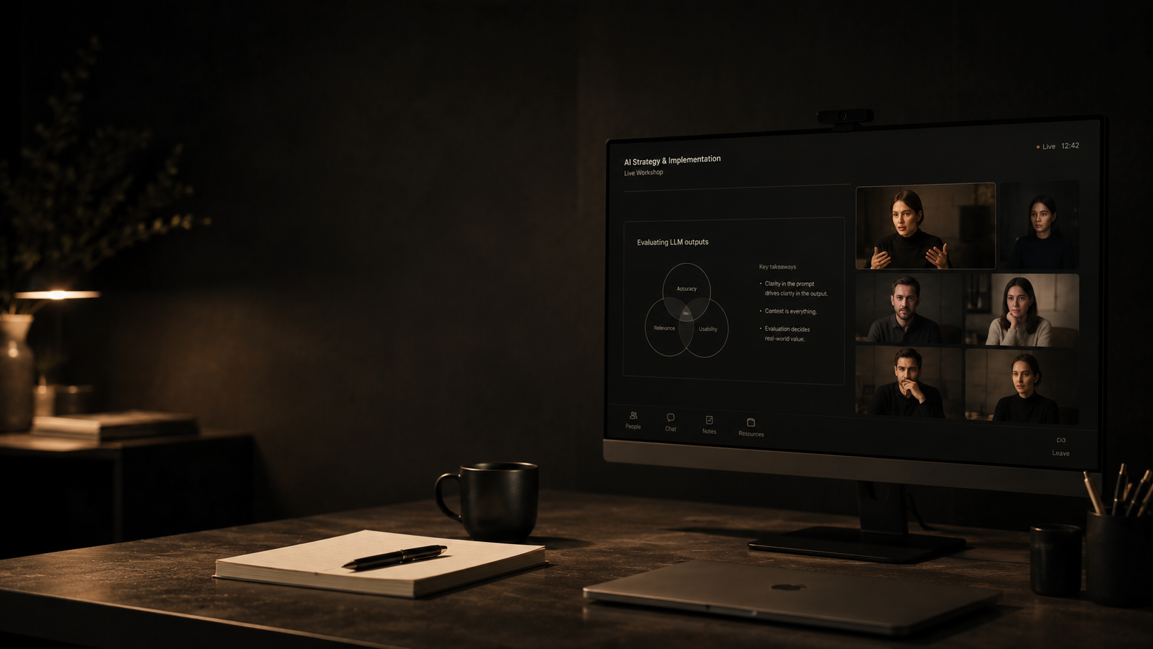 A live AI workshop session on screen in a warm low-lit workspace